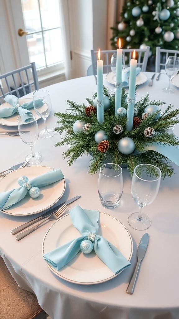 Elegant Light Blue Christmas Table Settings Christmas table setting with light blue tablecloth, white dinnerware, silver cutlery, and festive decorations.